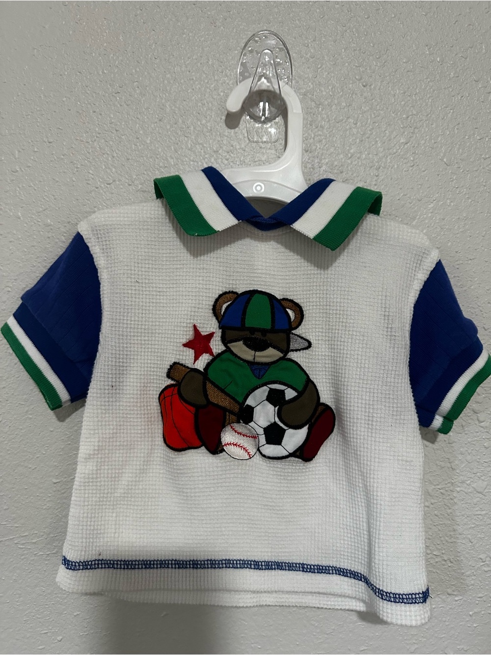 Vintage 90s Peek-A-Babe Baby Sports Bear Polo Shirt 12M Waffle Knit